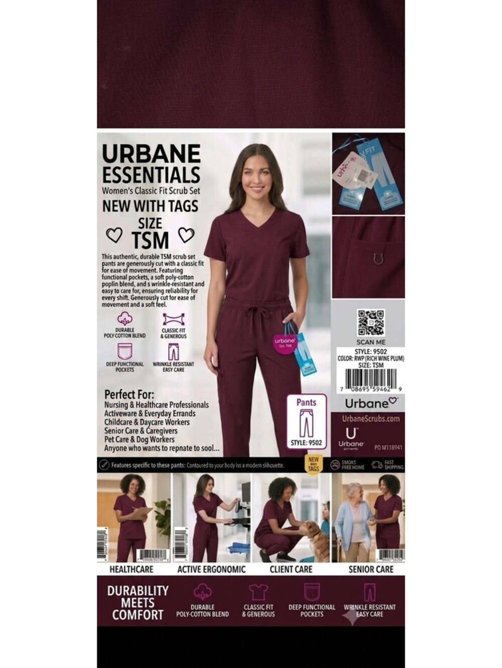 NWT Urbane Essentials Scrub Pants Wine Plum Size Tall Small TSM Drawstring 9502